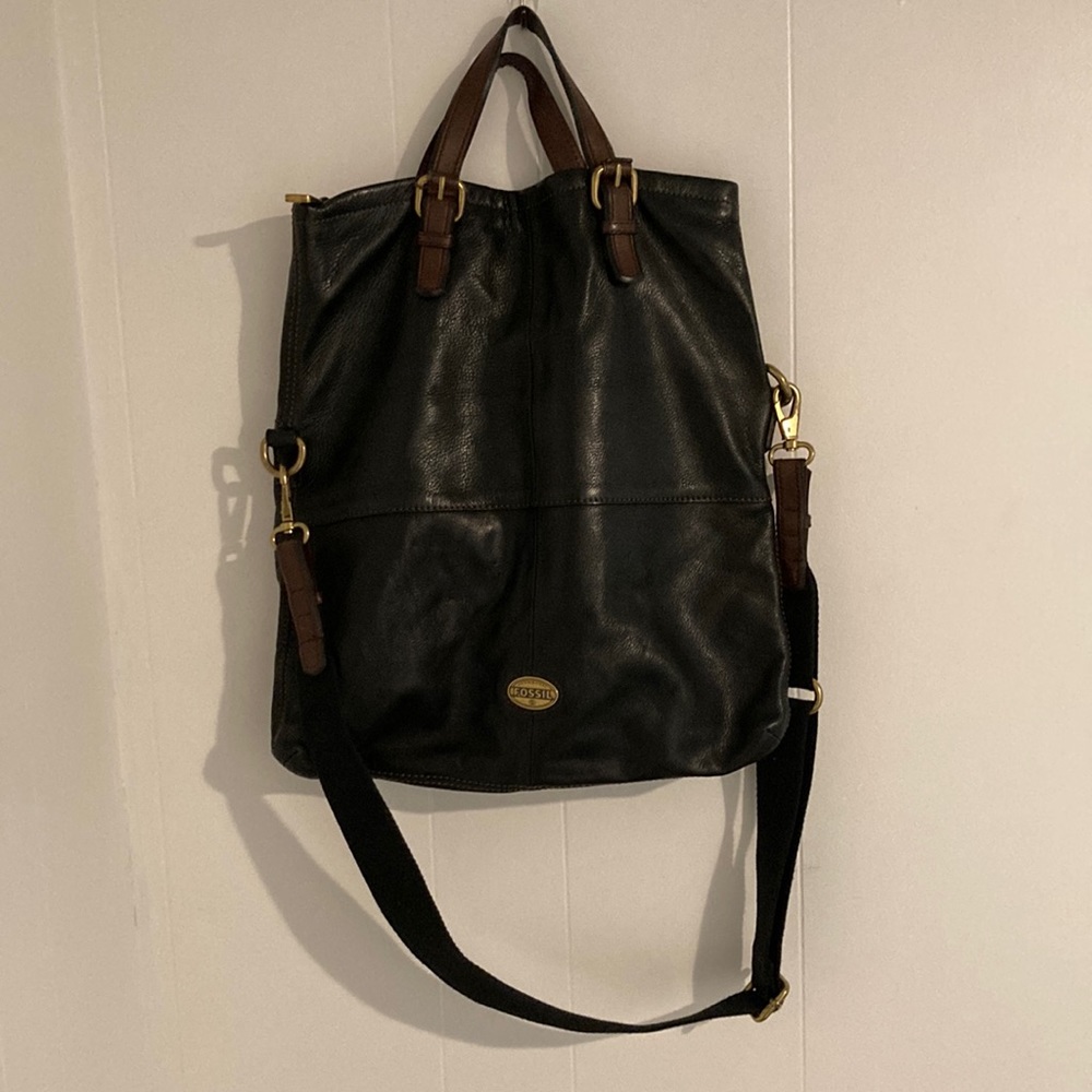 Fossil Explorer Fold Over Tote Black Pebble Leather